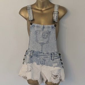 Yumi Bleached Jean Shorts Overalls- S/M